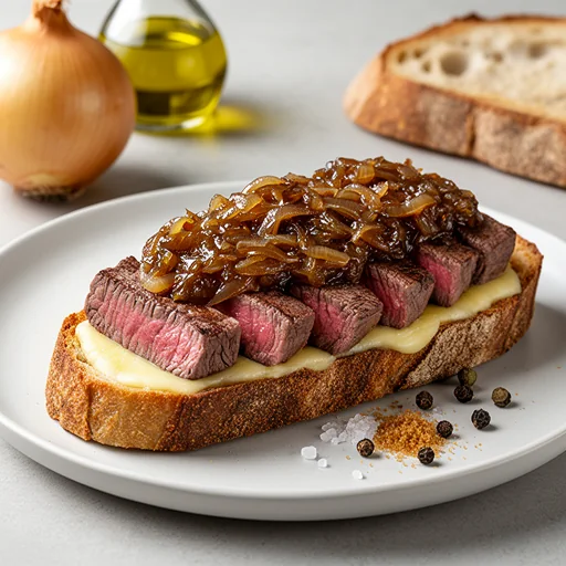 Steak and Gruyere Tartine with Caramelized Onion Jam finished dish