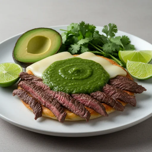 Costras de Queso con Arrachera, Salsa Verde y Aguacate finished dish