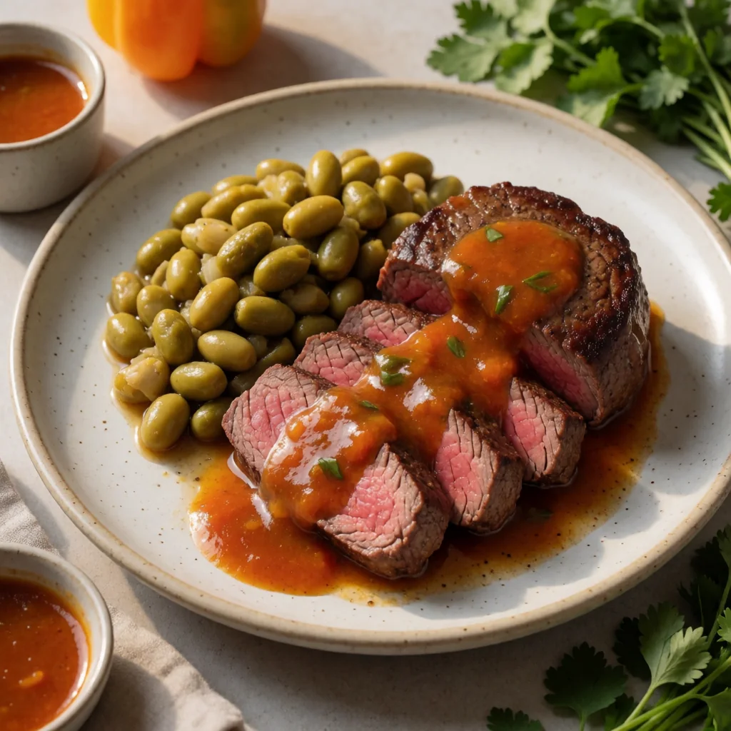 Filet Mignon con Salsa de Habanero Asado y Naranja Agria, con Ejotes Salteados finished dish