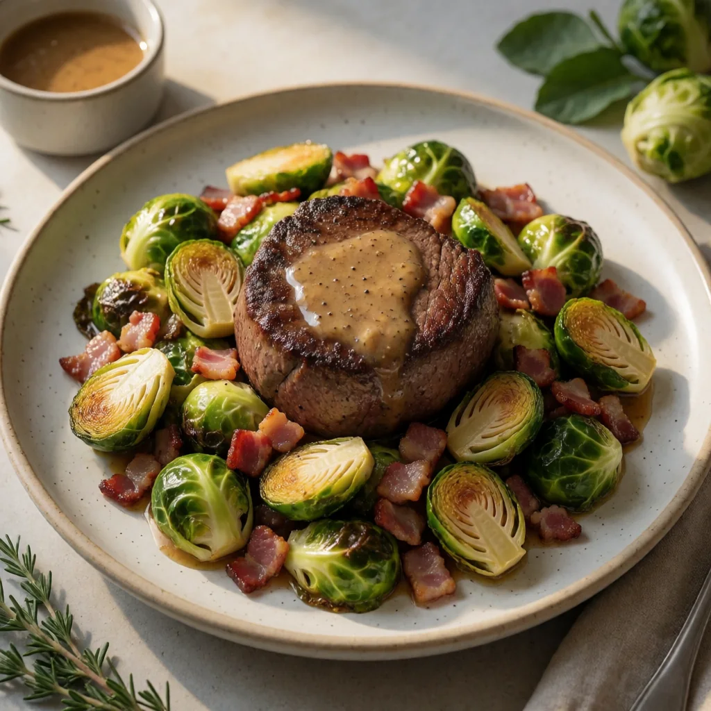 Maple-Dijon Glazed Filet Mignon with Roasted Brussels Sprouts and Crispy Bacon Lardons finished dish