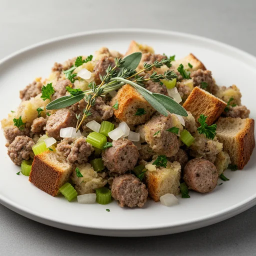 Savory Sausage and Sage Sourdough Stuffing finished dish