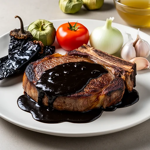 Ribeye con Salsa Negra de Chiles Secos finished dish