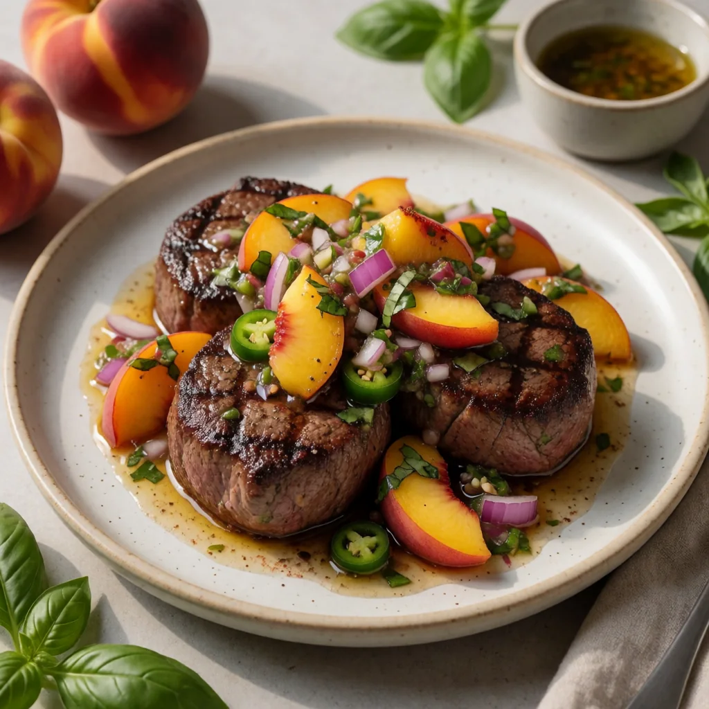 Grilled Filet Mignon with Roasted Peach and Basil Salsa finished dish