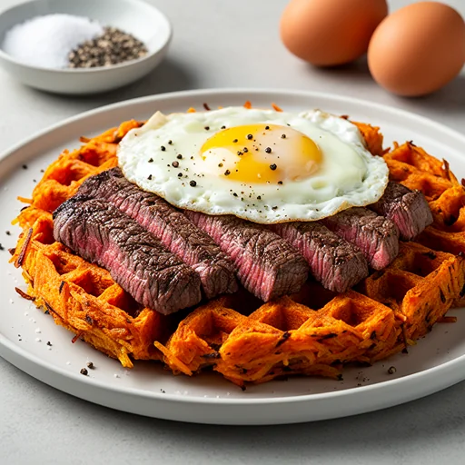 Steak & Sweet Potato Hash Brown Waffles with Fried Eggs finished dish