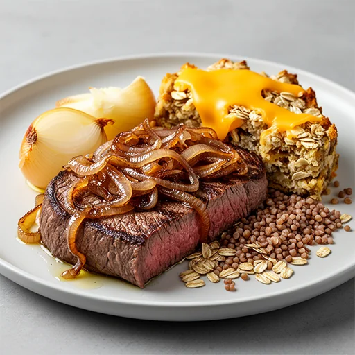 Steak & Savory Oat Bake with Caramelized Onions and Sharp Cheddar finished dish