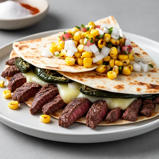 Steak and Poblano Quesadillas with Roasted Corn Salsa finished dish