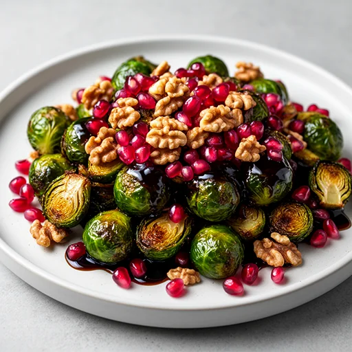 Crispy Brussels Sprouts with Pomegranate Glaze and Toasted Walnuts finished dish