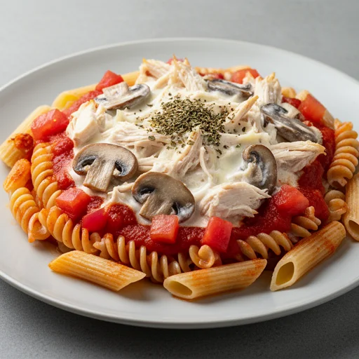 Creamy Chicken & Mushroom Tomato Pasta Bake finished dish