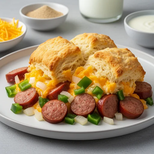 Smoked Sausage & Cheddar Biscuit Bake finished dish