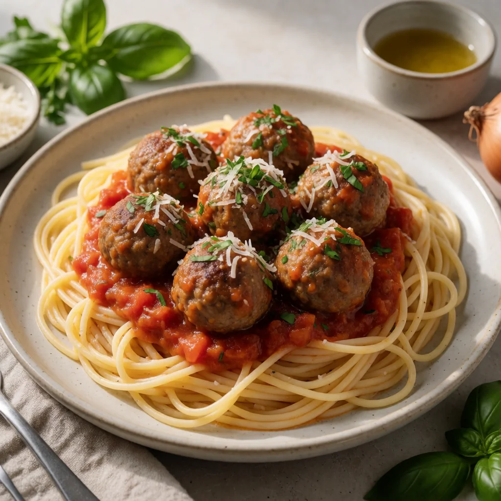 Polpette di Manzo al Sugo con Spaghetti (Beef Meatballs in Tomato Sauce with Spaghetti) finished dish