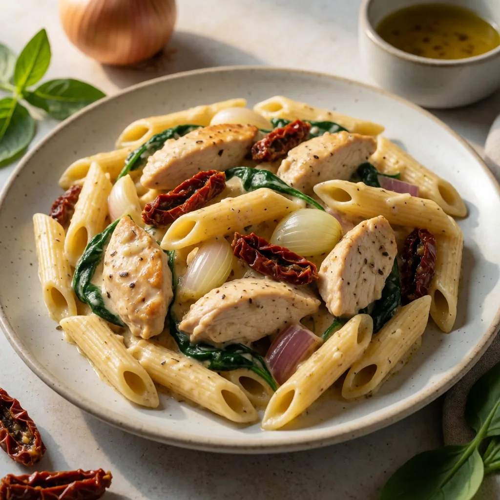 Creamy Tuscan Chicken Penne finished dish