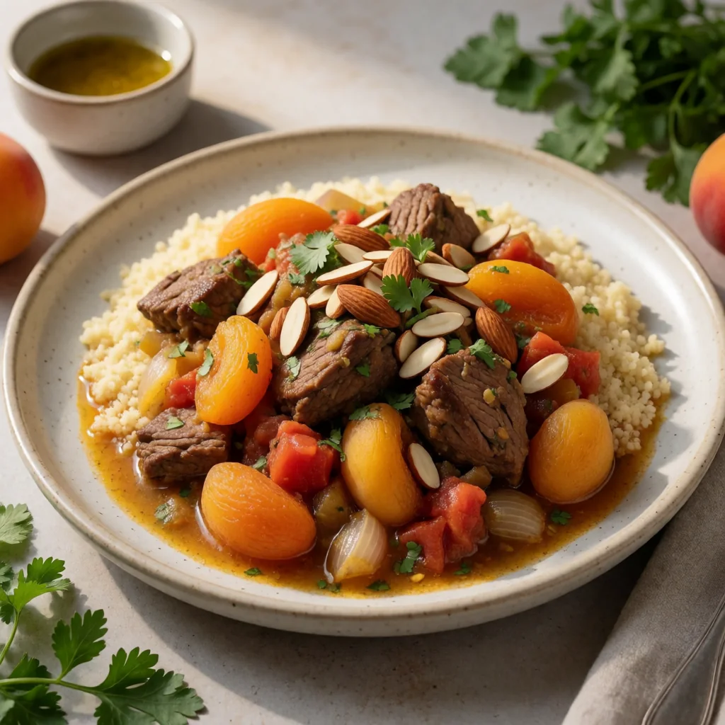 Moroccan Lamb Tagine with Apricots and Almonds finished dish