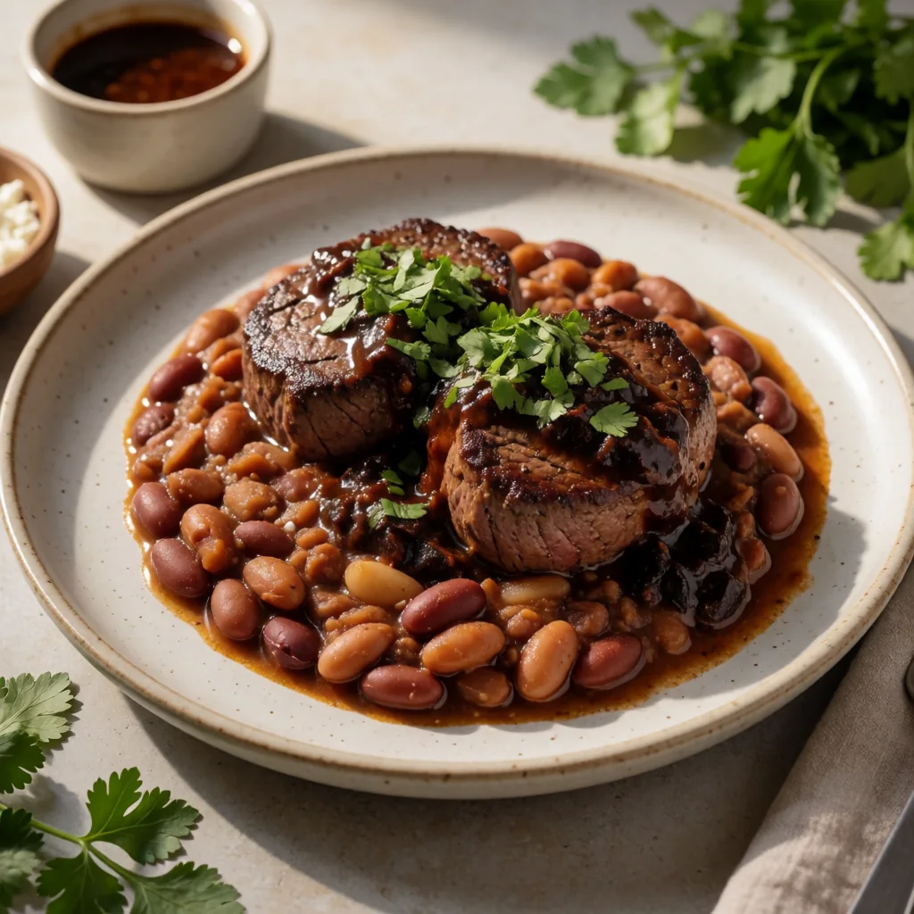 Filet Mignon con Salsa Negra de Chiles Secos y Frijoles Refritos con Queso Cotija finished dish