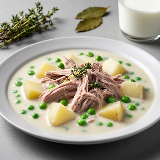 Creamy Pork and Potato Chowder with Spring Peas finished dish