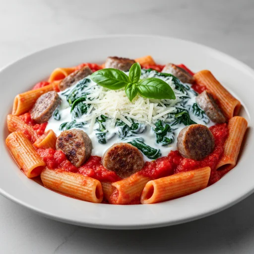 Creamy Tomato and Spinach Pasta with Italian Sausage finished dish