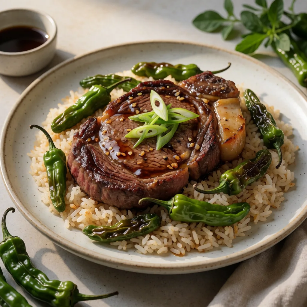 Miso-Glazed Ribeye with Crispy Garlic Rice and Blistered Shishito Peppers finished dish
