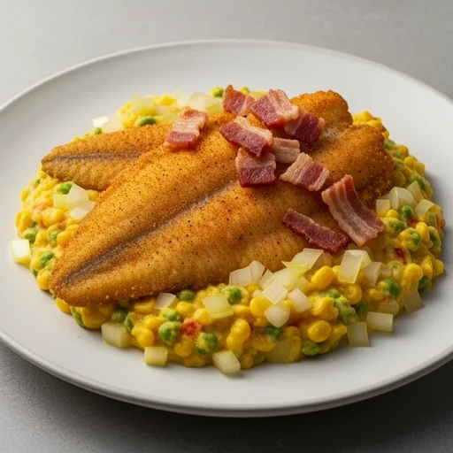 Creole Fried Catfish with Maque Choux finished dish