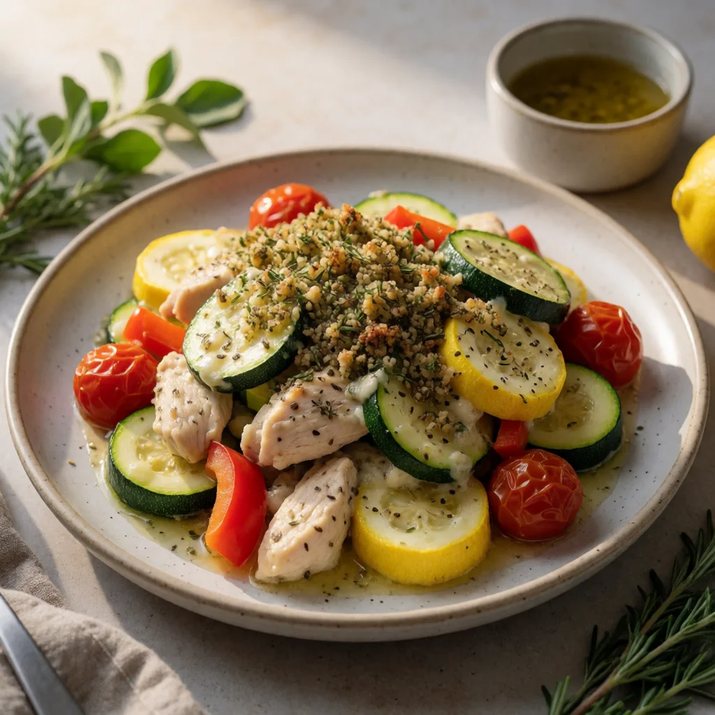Layered Greek Chicken & Zucchini Bake with Crunchy Herb Topping finished dish