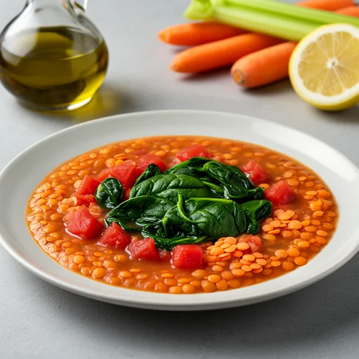 Mediterranean Red Lentil Soup with Spinach and Lemon finished dish