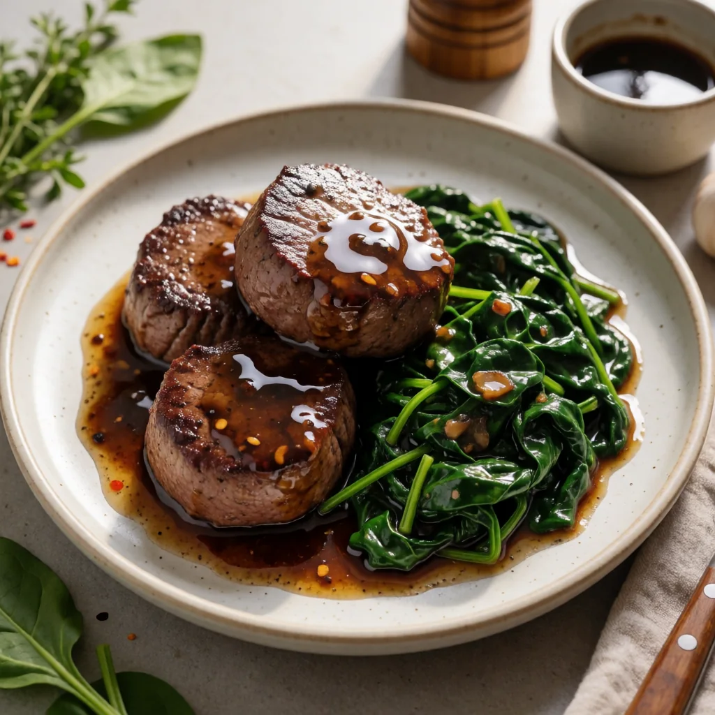 Filetto Balsamico con Spinaci Saltati finished dish