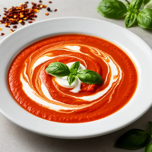 Creamy Roasted Red Pepper and Tomato Soup with Basil Swirl finished dish