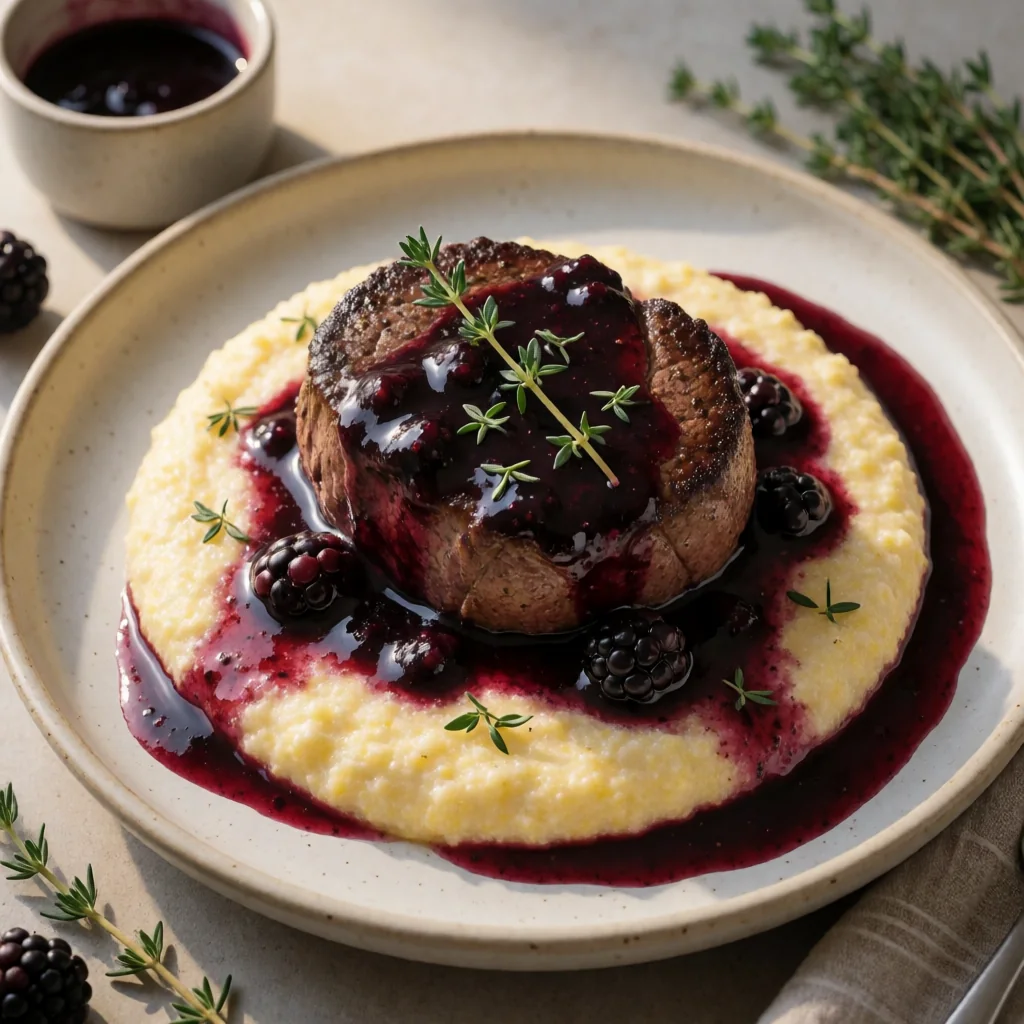 Blackberry-Balsamic Glazed Filet Mignon with Goat Cheese Polenta finished dish