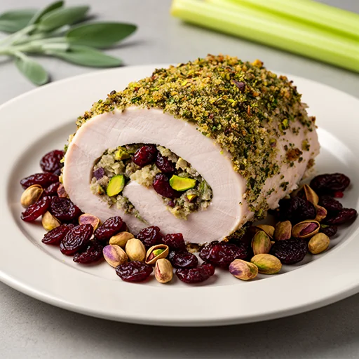 Herb-Crusted Turkey Roulade with Cranberry-Pistachio Stuffing finished dish
