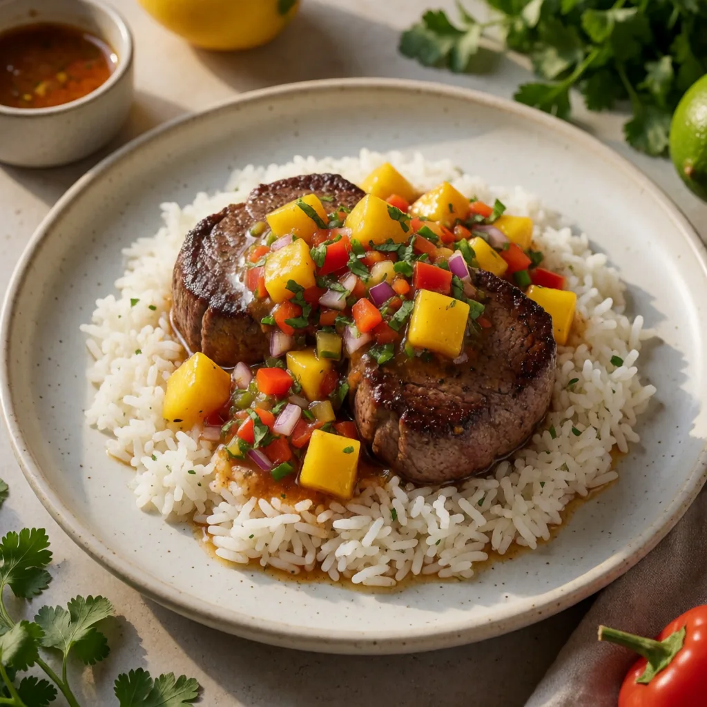 Filet Mignon with Habanero-Mango Salsa and Coconut-Lime Rice finished dish