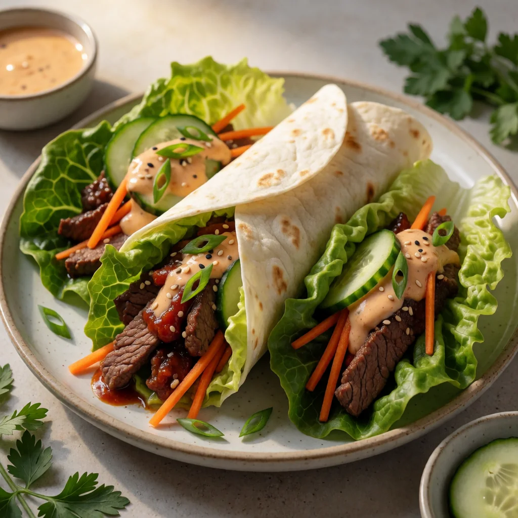 Korean BBQ Beef Bulgogi Lettuce Wraps with Gochujang Aioli finished dish