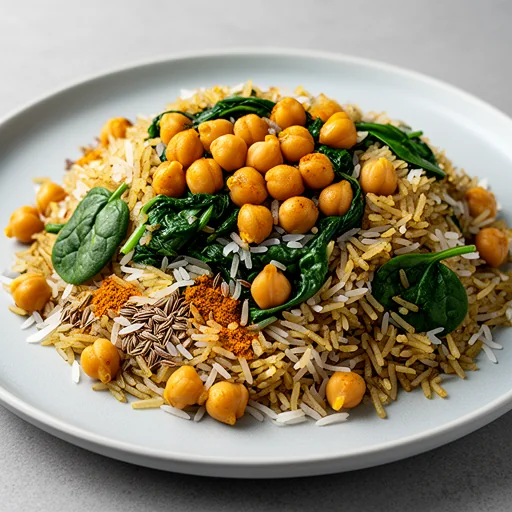 Spiced Chickpea and Spinach Pilaf finished dish