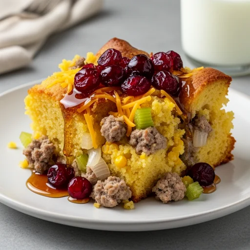 Savory Cornbread & Turkey Sausage Bread Pudding with Cranberry-Maple Drizzle finished dish
