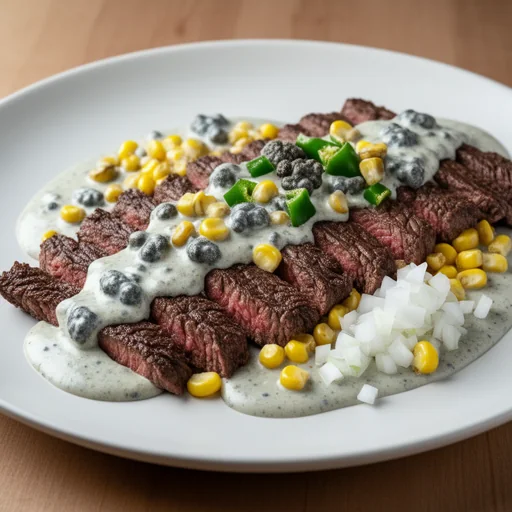 Arrachera con Salsa Cremosa de Huitlacoche y Elote (Skirt Steak with Creamy Corn Smut & Corn Sauce) finished dish
