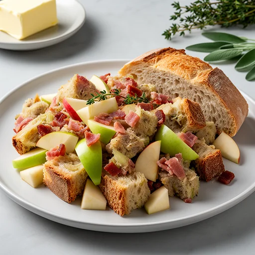 Apple and Pancetta Stuffing with Ciabatta Bread finished dish