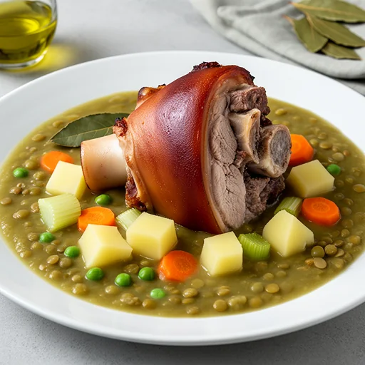 Smoked Pork Hocks and Split Pea Soup with Diced Potatoes finished dish