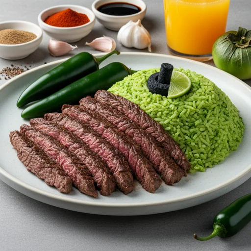 Carne Asada Molcajete con Arroz Verde finished dish