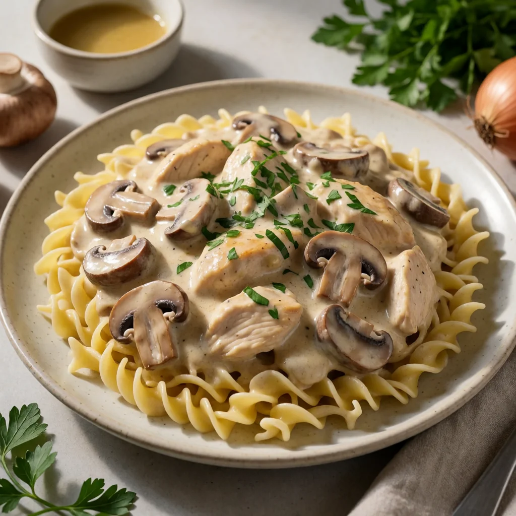 Creamy Chicken & Mushroom Stroganoff finished dish