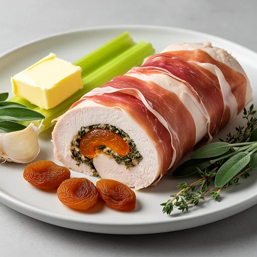 Prosciutto-Wrapped Turkey Roulade with Apricot and Herb Stuffing finished dish