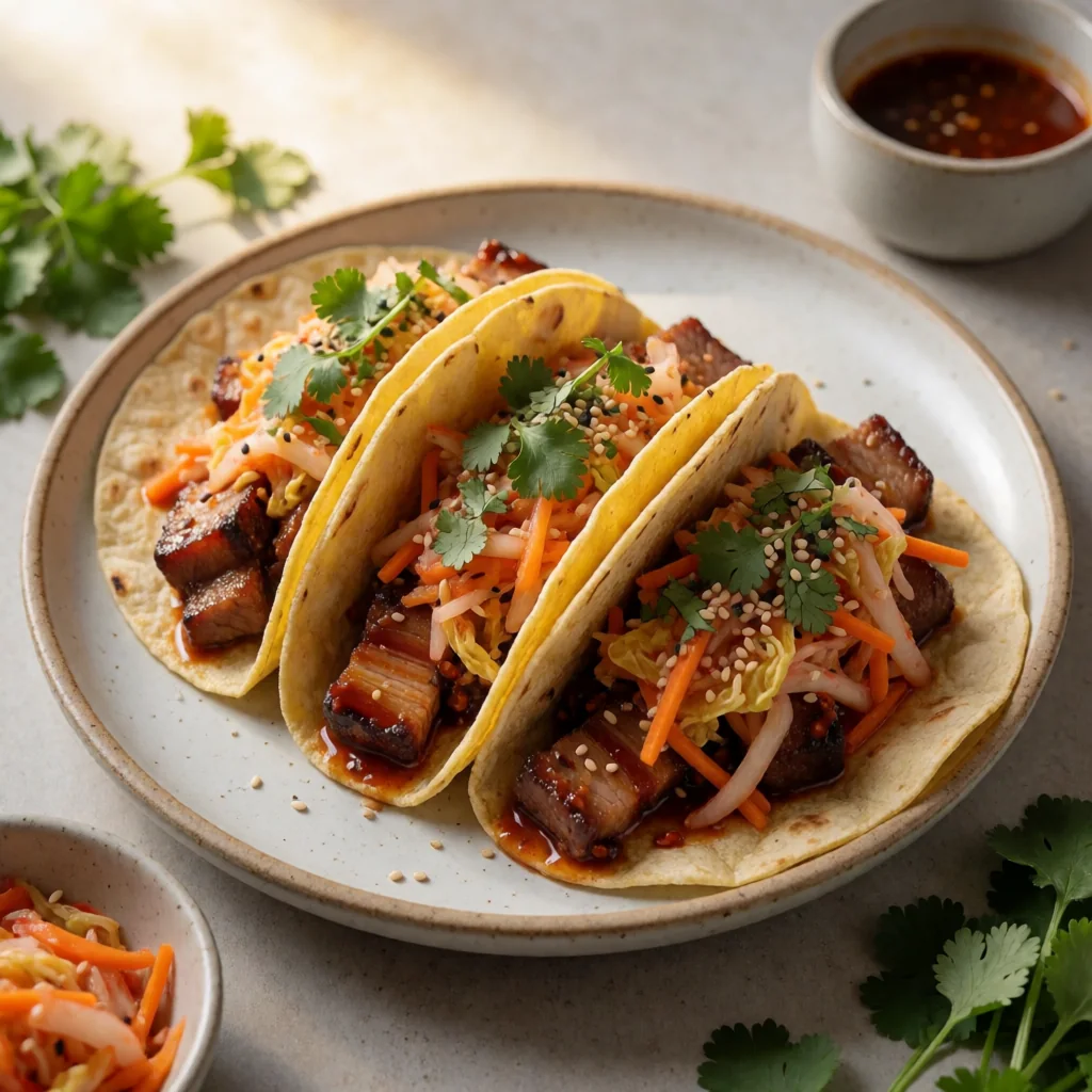 Gochujang Pork Belly Tacos with Kimchi Slaw finished dish