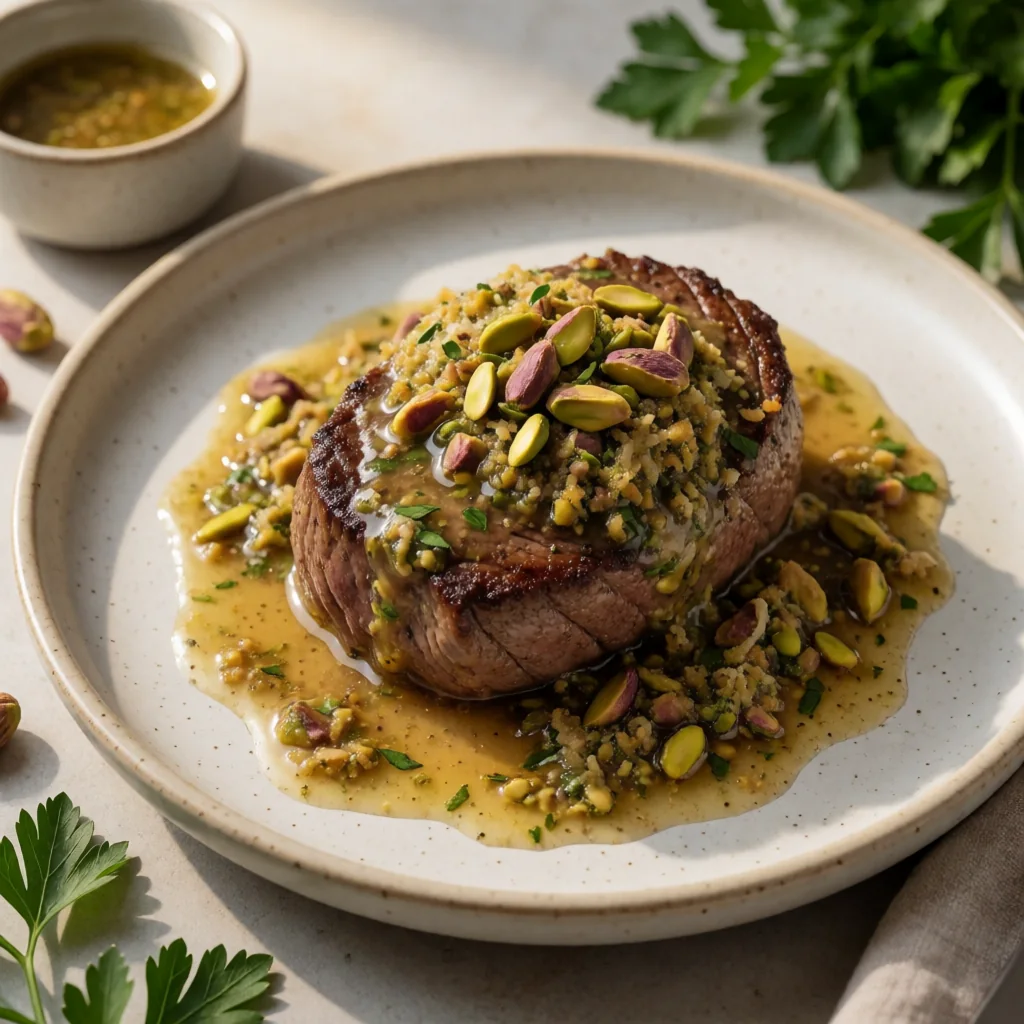 Filetto in Crosta di Pistacchi con Riduzione di Aceto di Mele finished dish