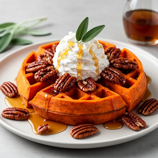 Sweet Potato Waffles with Candied Pecan Maple Syrup and Sage Whipped Cream finished dish