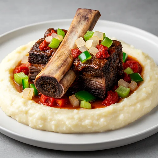 Creole Braised Short Ribs with Creamy Parmesan Grits finished dish