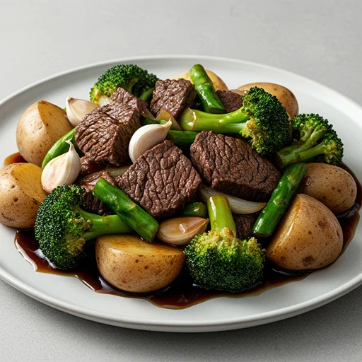 Hearty Beef & Broccoli Stir-Fry with Garlic Potatoes finished dish