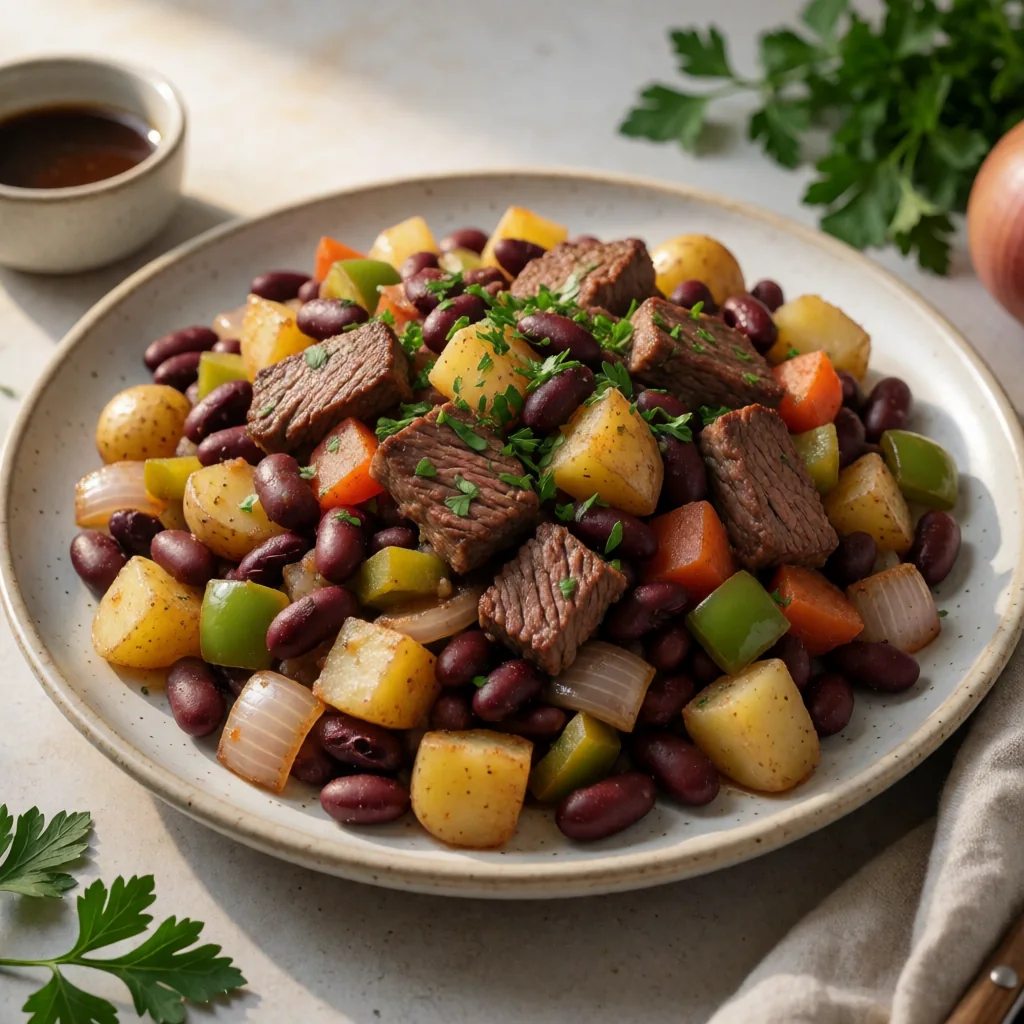 Rustic Steak & Kidney Bean Skillet Hash finished dish