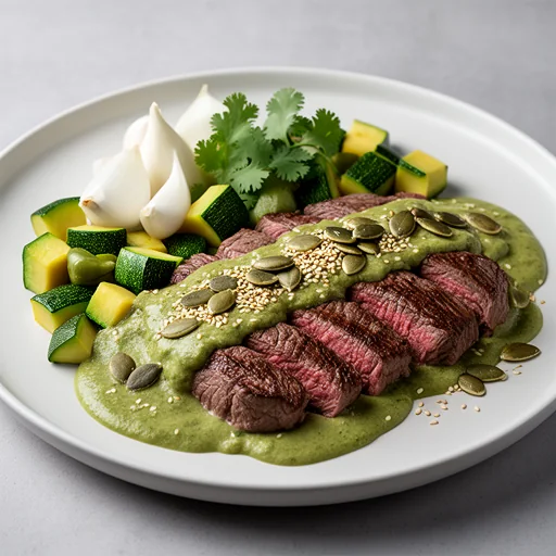 Bistec en Pipian Verde con Calabacitas finished dish