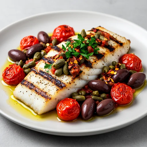 Puttanesca-Style Grilled Grouper with Blistered Cherry Tomatoes and Kalamata Olives finished dish