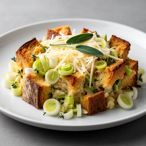 Savory Bread Pudding with Leeks, Gruyere, and Sage finished dish