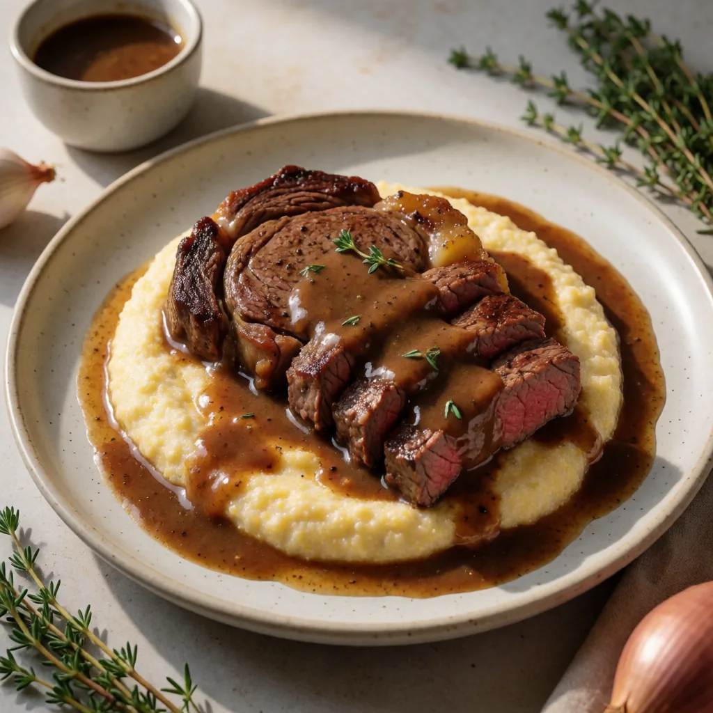 Ribeye with Red Wine Pan Sauce and Creamy Gorgonzola Polenta finished dish