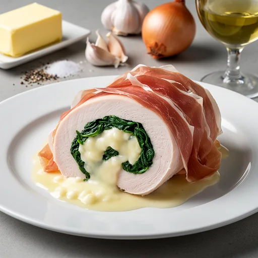 Elegant Turkey Roulade with Prosciutto, Spinach, and Fontina finished dish
