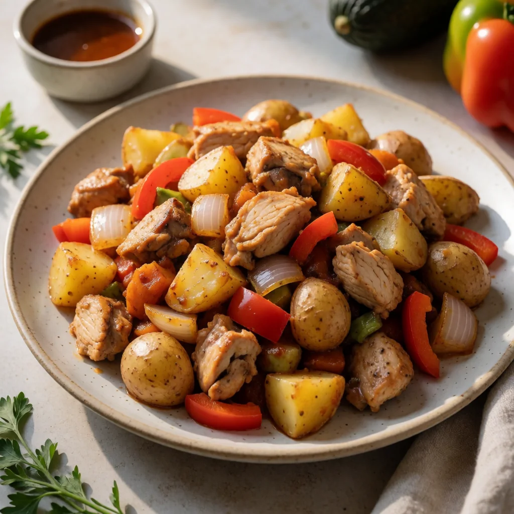 Mexican Breakfast Hash with Chipotle Chicken and Avocado Cream finished dish
