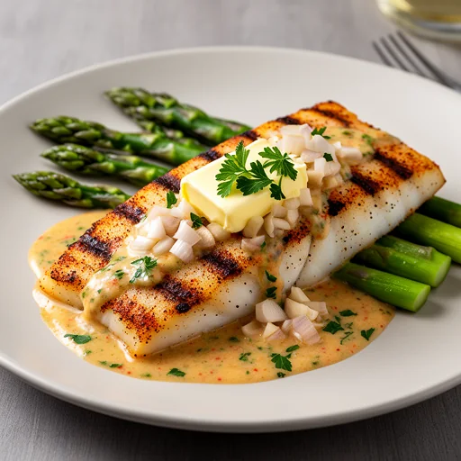 Gulf Coast Grilled Grouper with Creole Butter Sauce and Asparagus finished dish